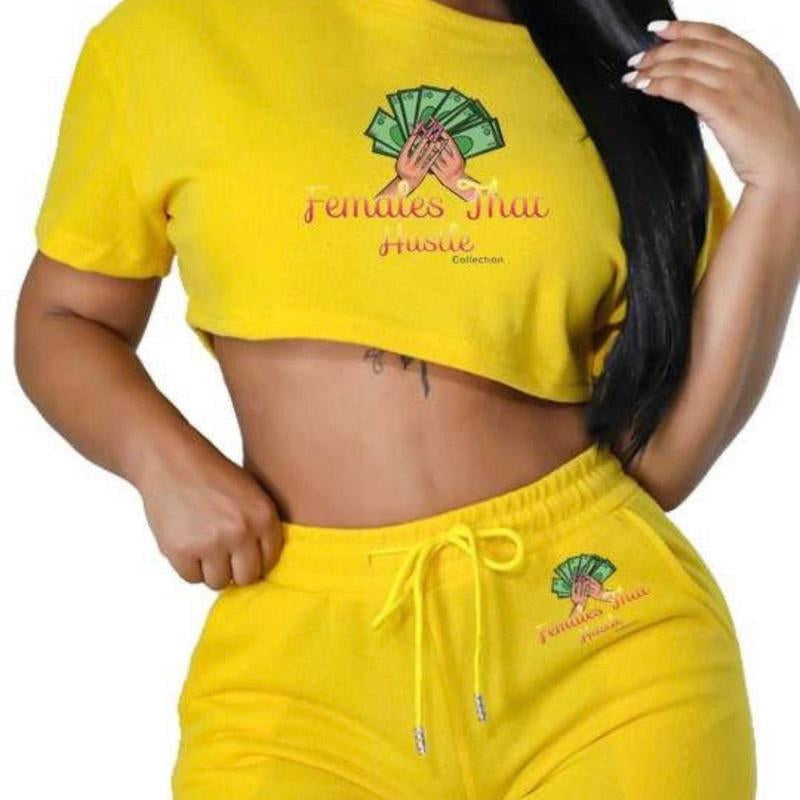 Women Clothing Casual Solid Color Jogger Biker Short Set Crop Top Two Piece Sets